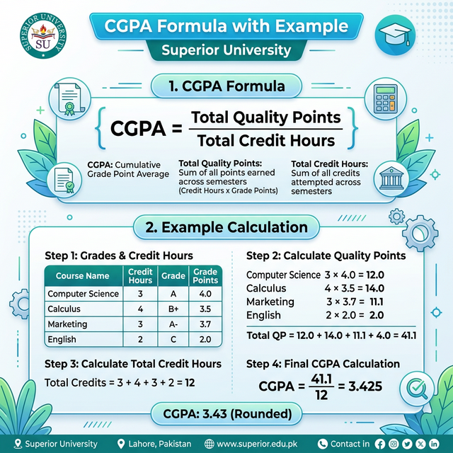 CGPA Formula and Example for Superior University